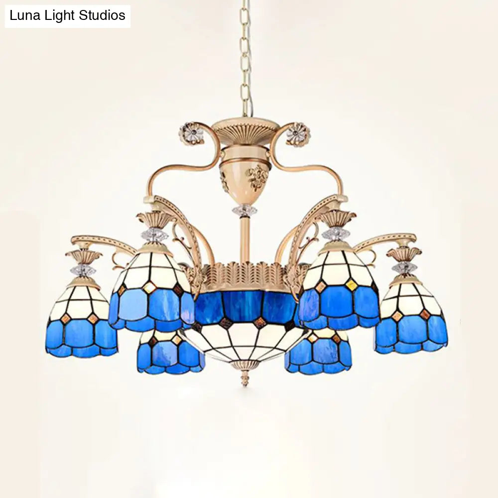 Baroque Cut Glass Chandelier Light - Blue Dome Pendant Lighting Fixture With 5/9/11 Lights Wide