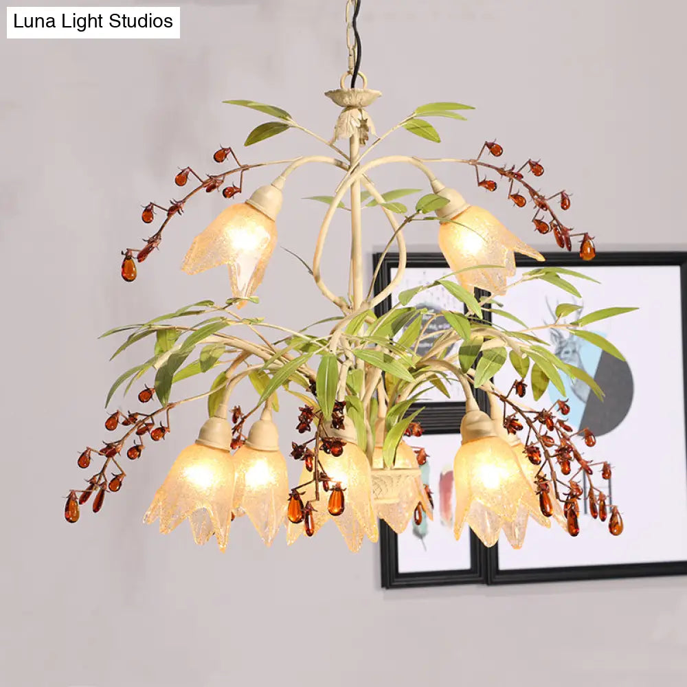 Decorative Green Flower Chandelier Pendant Light With Frosted Glass And Crystals For Living Room