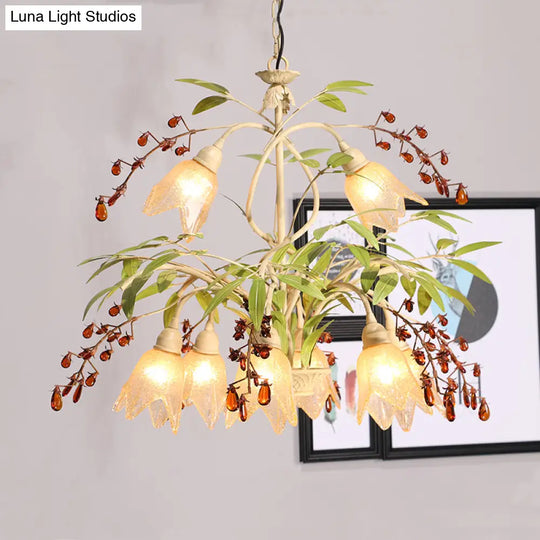 Decorative Green Flower Chandelier Pendant Light With Frosted Glass And Crystals For Living Room