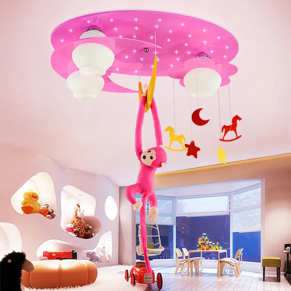 Decorative Metal Moon & Star Ceiling Light For Child’s Bedroom With Hanging Monkey Pink
