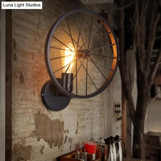 Decorative Metallic 1-Head Wall Sconce Lighting In Black - Wheel Design