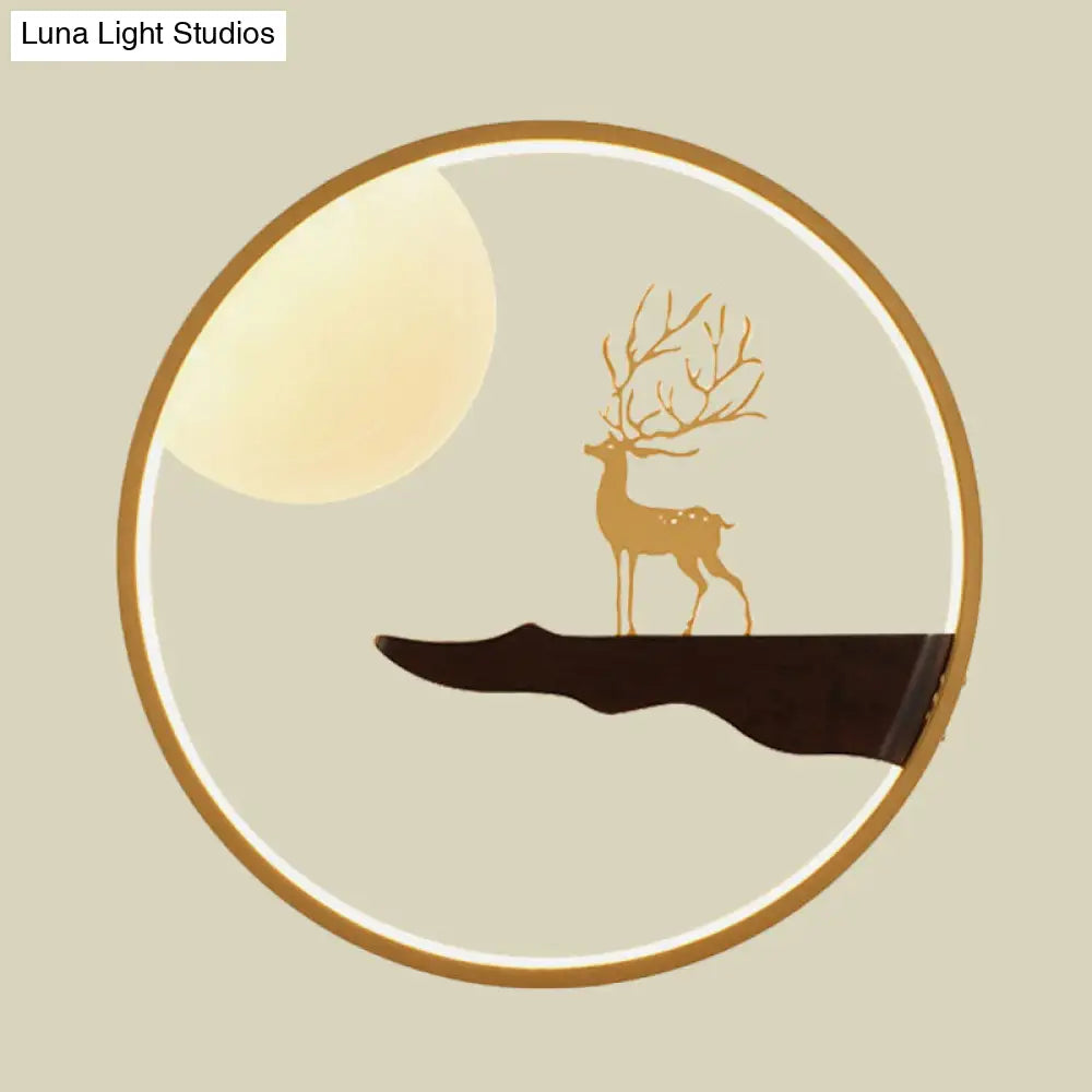 Deer And Moon Asian Led Wall Light With Wood Frame - Black/Beige