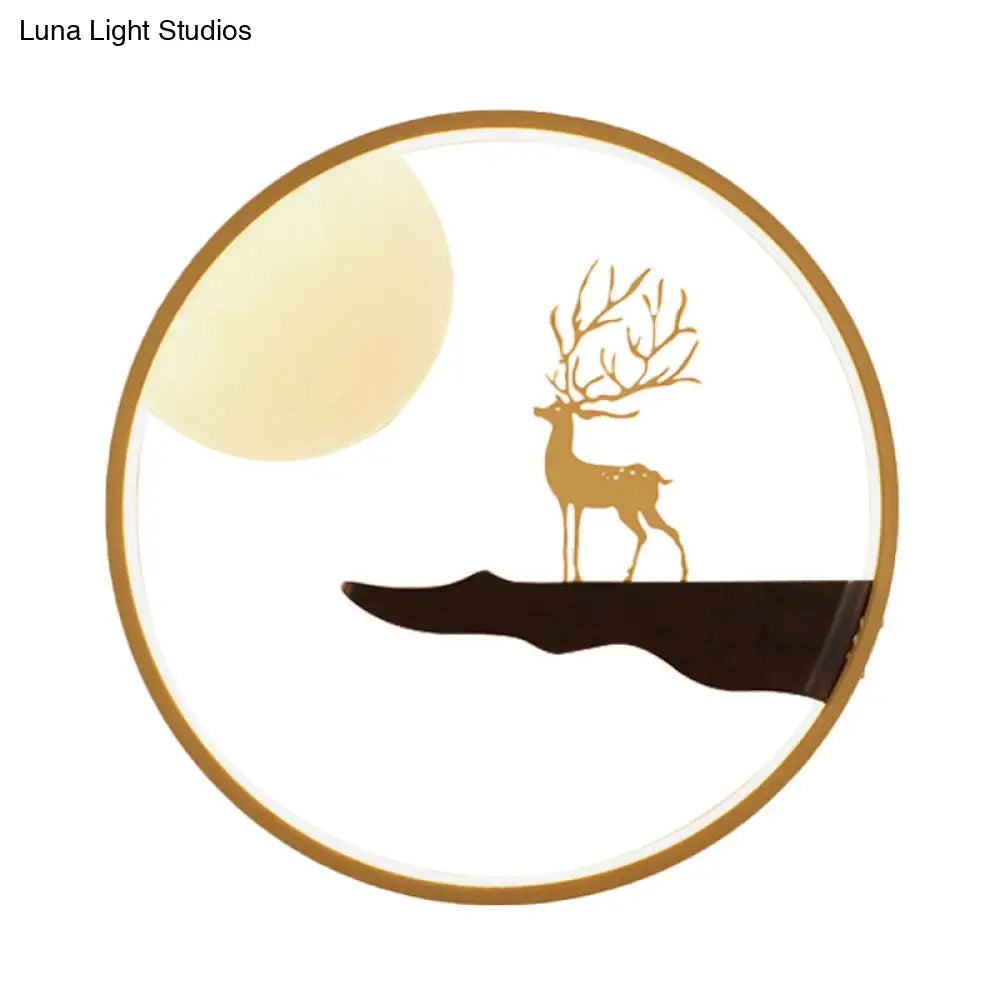 Deer And Moon Asian Led Wall Light With Wood Frame - Black/Beige