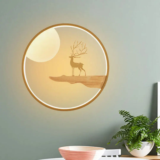 Deer And Moon Asian Led Wall Light With Wood Frame - Black/Beige