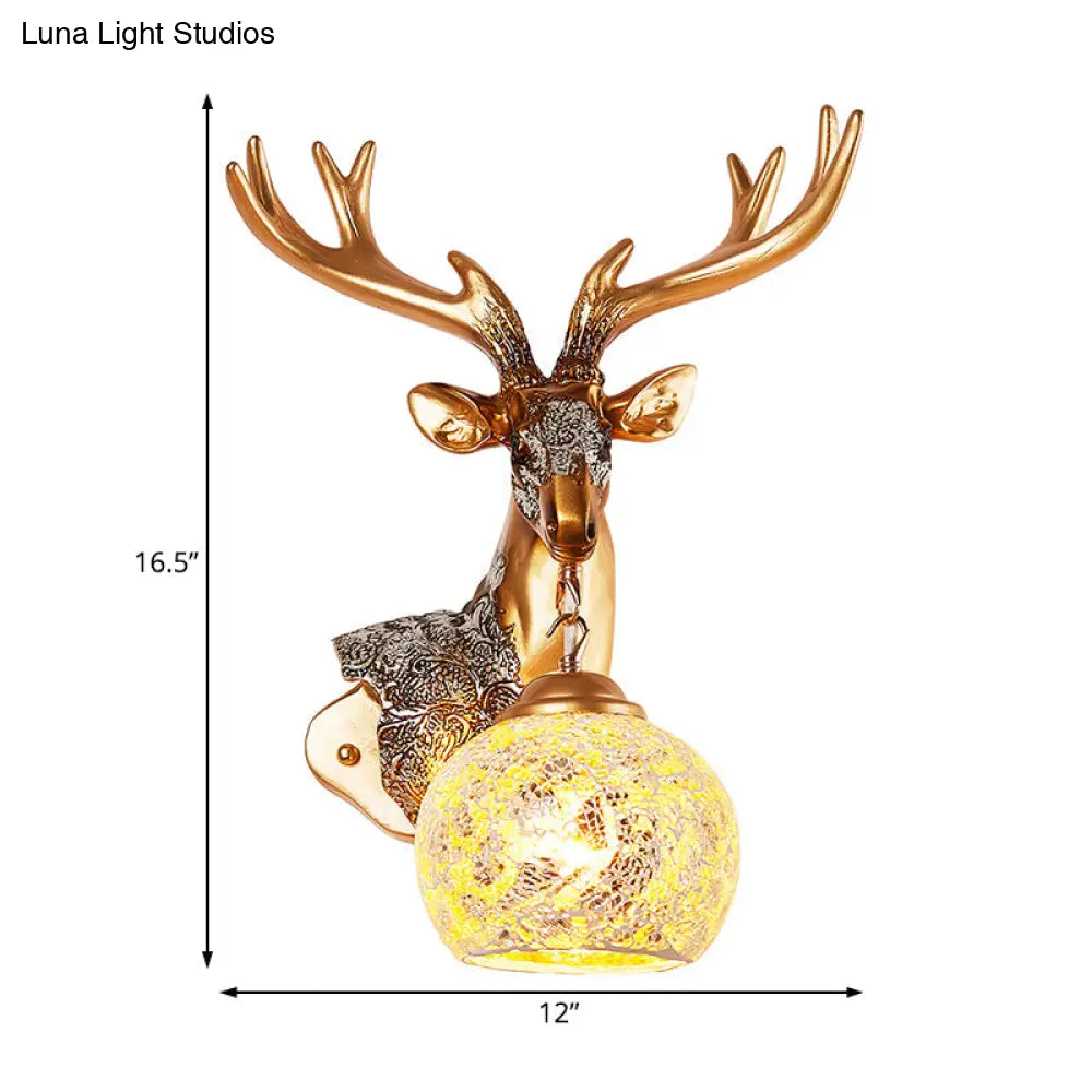 Deer Head Resin Sconce Light Fixture In Gold With Orb Glass Shade For Bedroom Right/Left Option