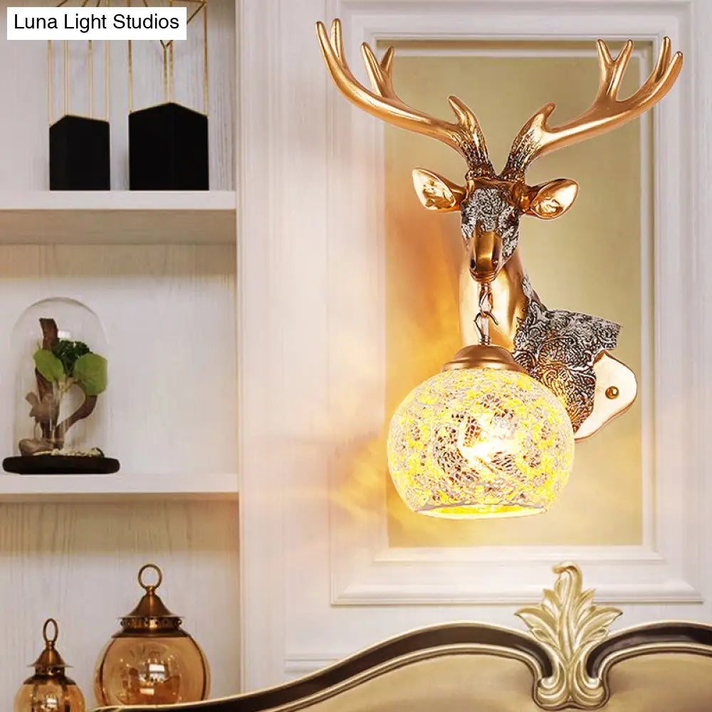 Deer Head Resin Sconce Light Fixture In Gold With Orb Glass Shade For Bedroom Right/Left Option