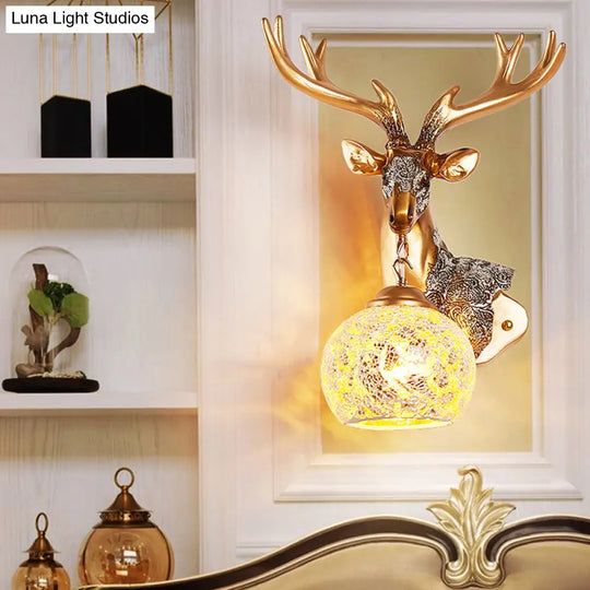 Deer Head Resin Sconce Light Fixture In Gold With Orb Glass Shade For Bedroom Right/Left Option