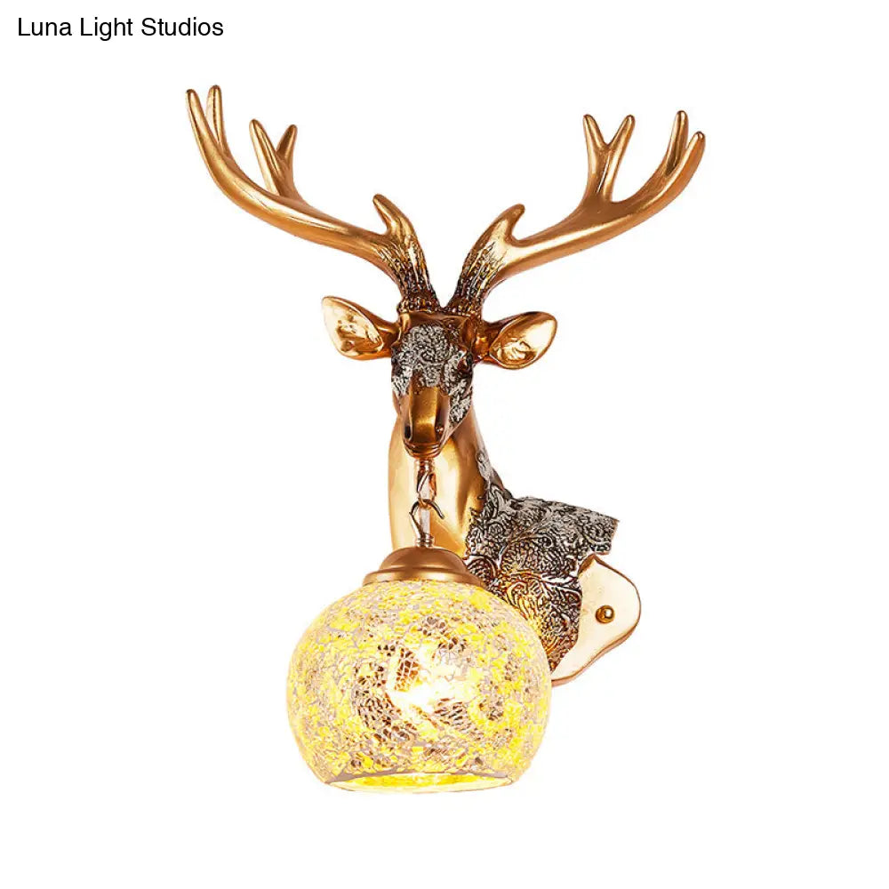 Deer Head Resin Sconce Light Fixture In Gold With Orb Glass Shade For Bedroom Right/Left Option