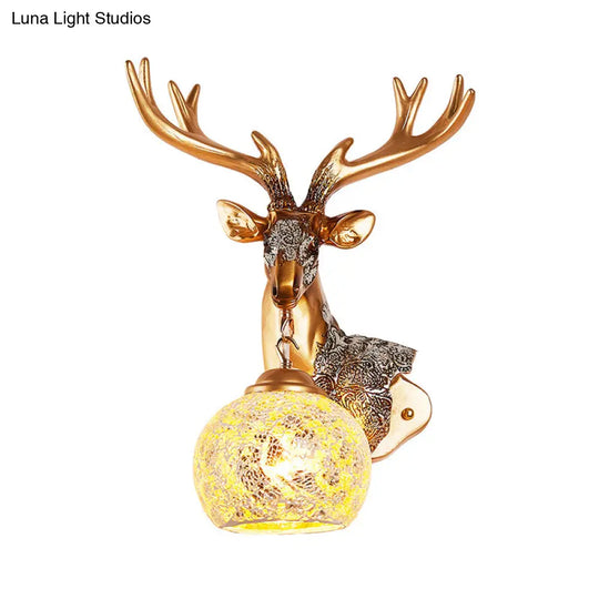 Deer Head Resin Sconce Light Fixture In Gold With Orb Glass Shade For Bedroom Right/Left Option