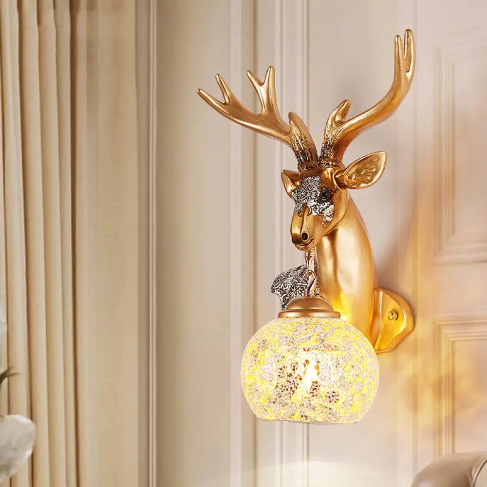 Deer Head Resin Sconce Light Fixture In Gold With Orb Glass Shade For Bedroom Right/Left Option /