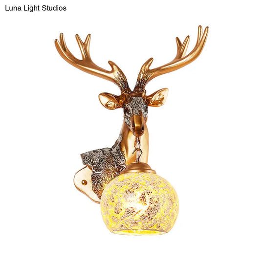 Deer Head Resin Sconce Light Fixture In Gold With Orb Glass Shade For Bedroom Right/Left Option