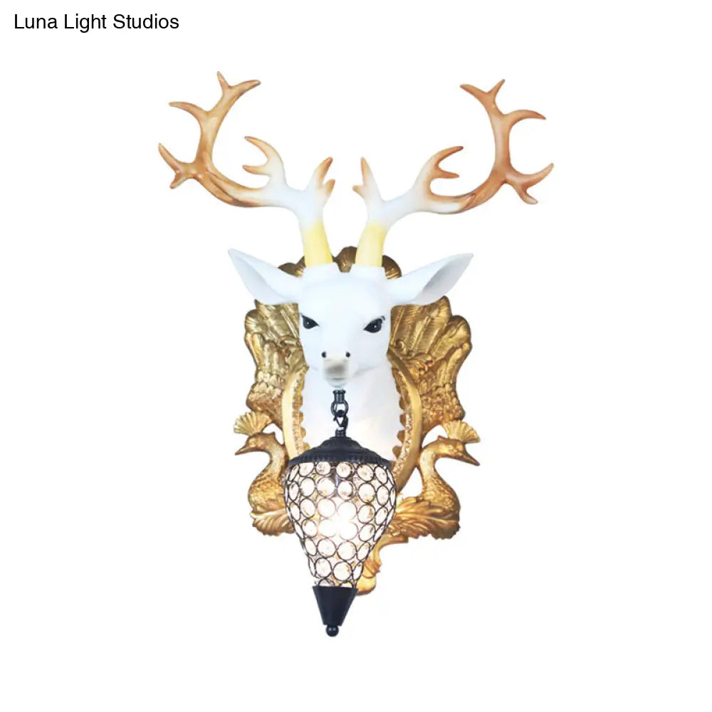 Deer Head Sconce Lamp: Elegant 1 Light Resin Wall Lighting In Black/White With Crystal Droplet Shade