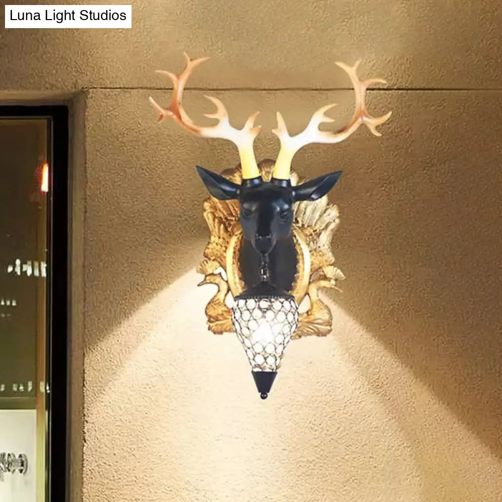 Deer Head Sconce Lamp: Elegant 1 Light Resin Wall Lighting In Black/White With Crystal Droplet Shade