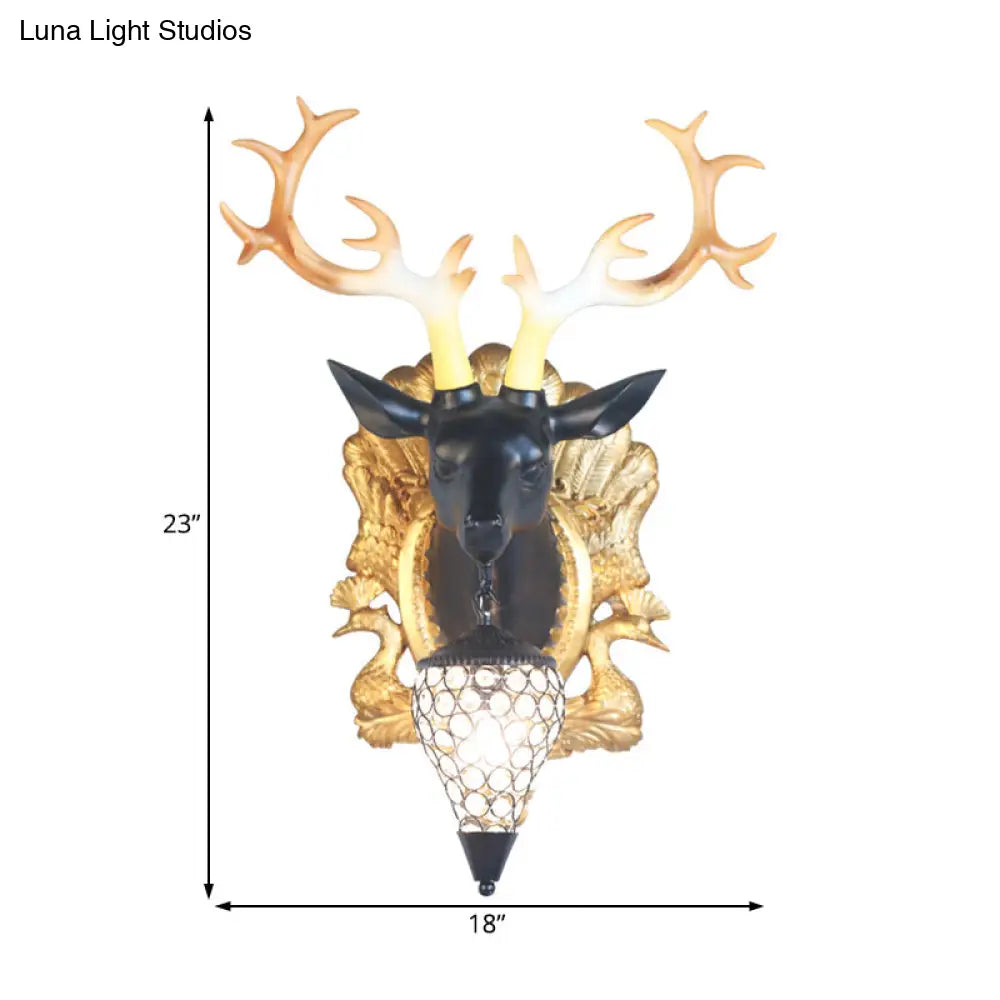 Deer Head Sconce Lamp: Elegant 1 Light Resin Wall Lighting In Black/White With Crystal Droplet Shade