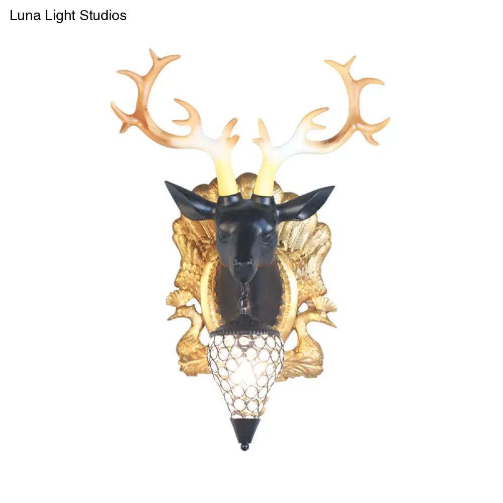 Deer Head Sconce Lamp: Elegant 1 Light Resin Wall Lighting In Black/White With Crystal Droplet Shade