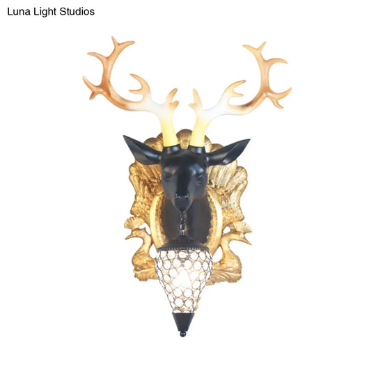 Deer Head Sconce Lamp: Elegant 1 Light Resin Wall Lighting In Black/White With Crystal Droplet Shade