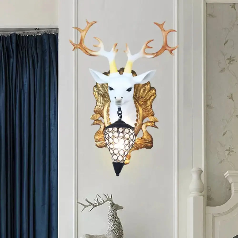 Deer Head Sconce Lamp: Elegant 1 Light Resin Wall Lighting In Black/White With Crystal Droplet Shade