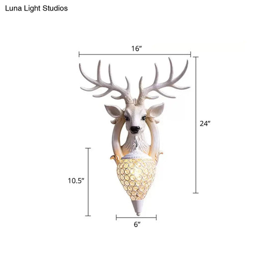 Deer Head Wall Light Fixture: Resin Sconce With Crystal Shade