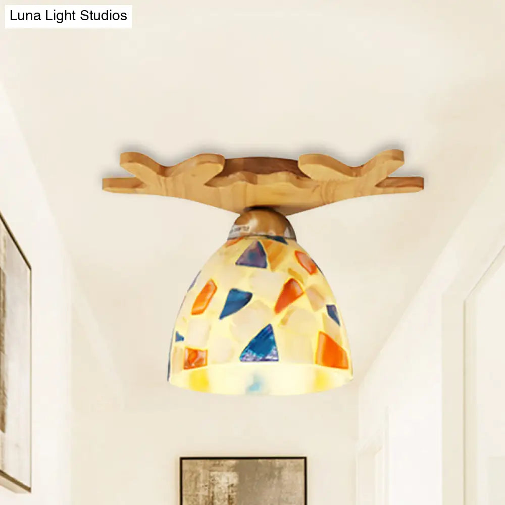 Deer Horn Antique Ceiling Mount Light: Beige Glass Lamp For Shops