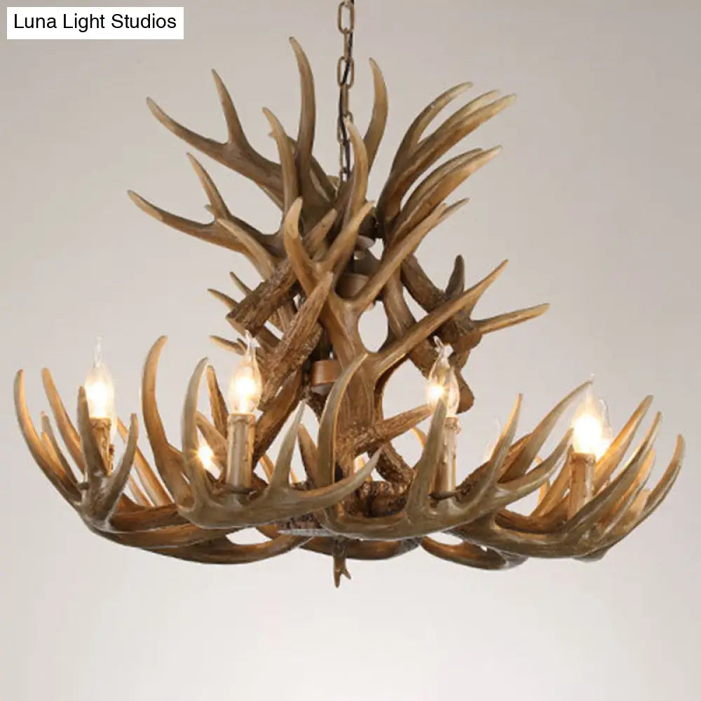 Deer Horn Ceiling Light - Brown Resin Traditional Chandelier For Living Room