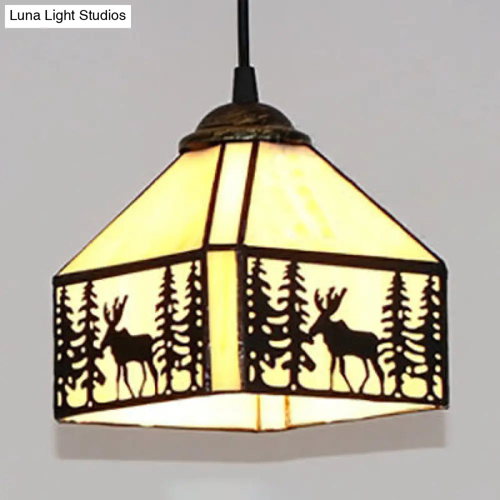 Lodge Style Deer Suspension Light - Beige Glass Pendant For Dining Room