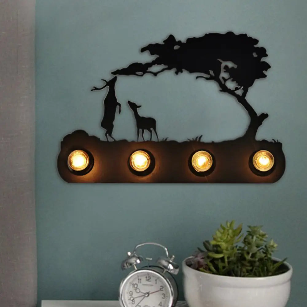 Deer Metal Study Room Wall Light: Antique Black Sconce With 4 Bulbs And Conveyor Belt Design