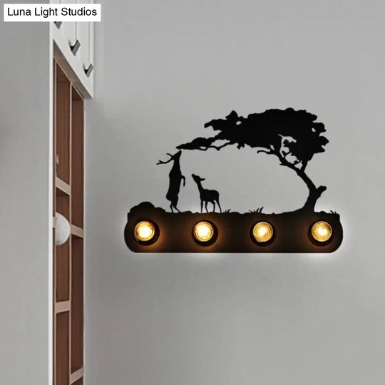 Deer Metal Study Room Wall Light: Antique Black Sconce With 4 Bulbs And Conveyor Belt Design