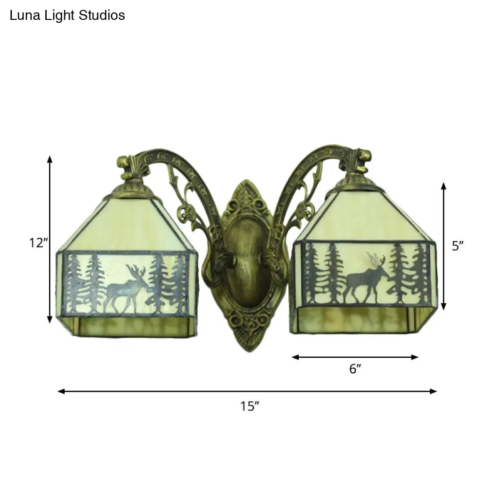 Deer Sconce Lamp: 2 Heads Carved Arm Lodge Stained Glass Wall Lighting In Beige For Corridor