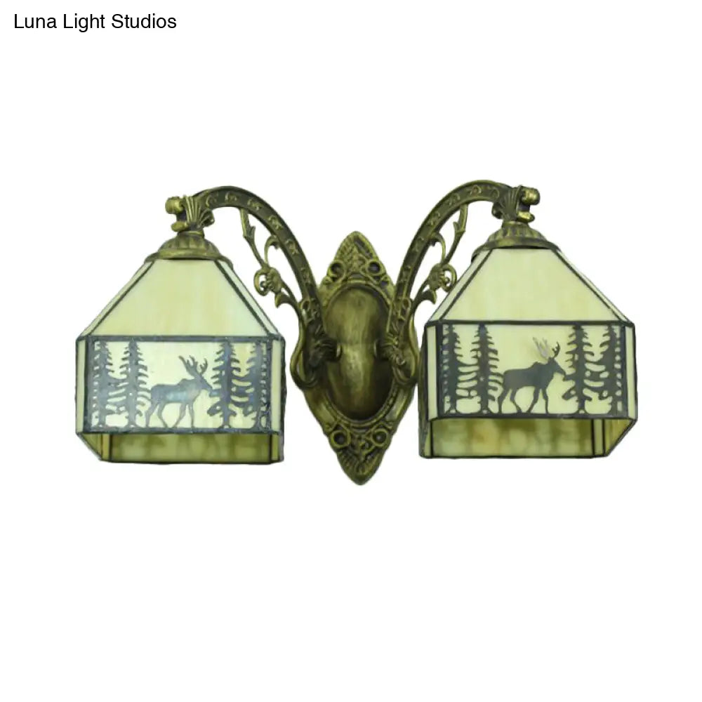 Deer Sconce Lamp: 2 Heads Carved Arm Lodge Stained Glass Wall Lighting In Beige For Corridor