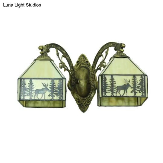 Deer Sconce Lamp: 2 Heads Carved Arm Lodge Stained Glass Wall Lighting In Beige For Corridor