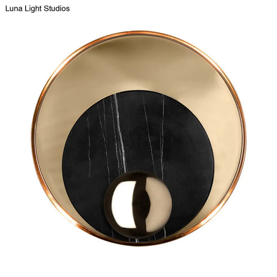 Designer Marble Led Flush Mount Wall Sconce In Black/White/Gold With Peacock Tail Feather Accent -