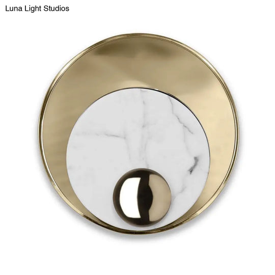 Designer Marble Led Flush Mount Wall Sconce In Black/White/Gold With Peacock Tail Feather Accent -