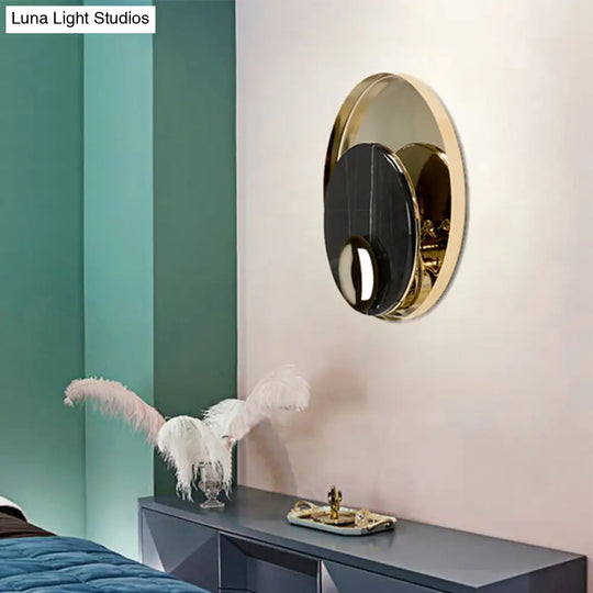 Designer Marble Led Flush Mount Wall Sconce In Black/White/Gold With Peacock Tail Feather Accent -