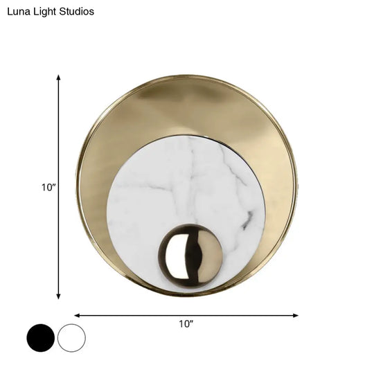 Designer Marble Led Flush Mount Wall Sconce In Black/White/Gold With Peacock Tail Feather Accent -