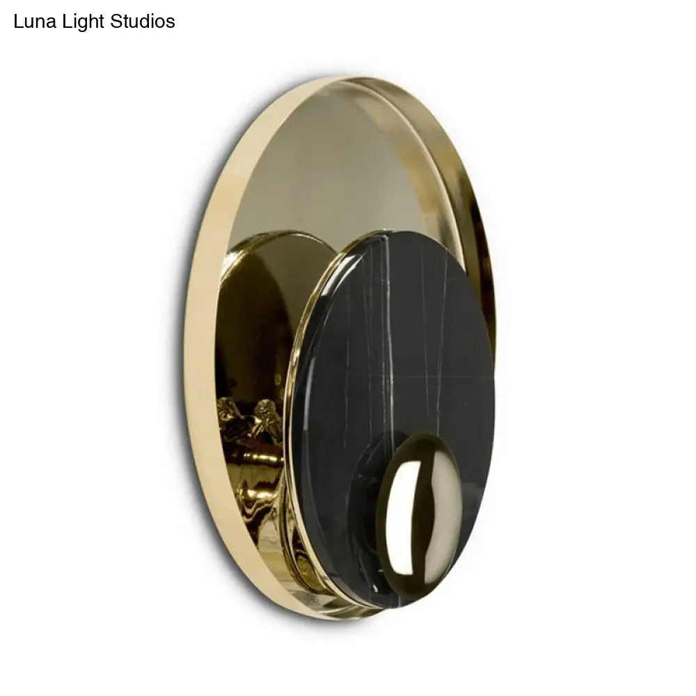 Designer Marble Led Flush Mount Wall Sconce In Black/White/Gold With Peacock Tail Feather Accent -