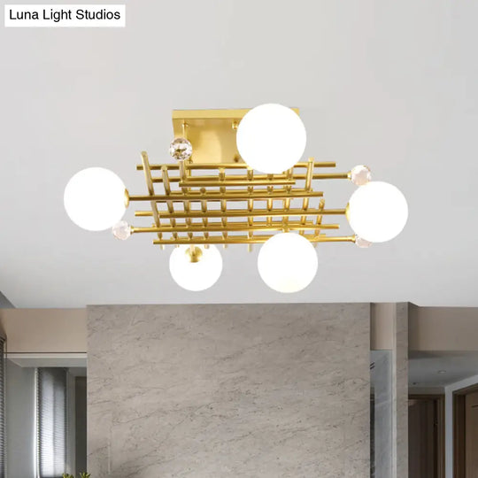 Designer Metallic Flush Mount Ceiling Lamp - Crossing Linear Semi Light With Crystal Ball Deco 5