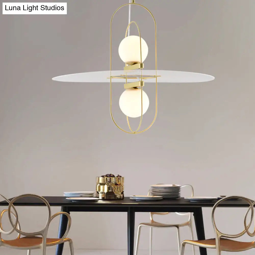 Designer Style White Glass Orb Chandelier: Elegant 2-Light Kitchen Hanging Lamp With Oval Frame