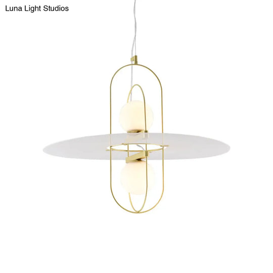 Designer Style White Glass Orb Chandelier: Elegant 2-Light Kitchen Hanging Lamp With Oval Frame