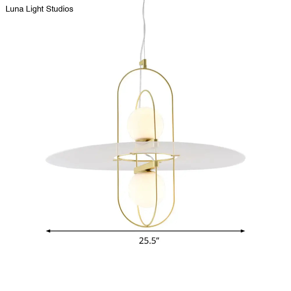 Designer Style White Glass Orb Chandelier: Elegant 2-Light Kitchen Hanging Lamp With Oval Frame