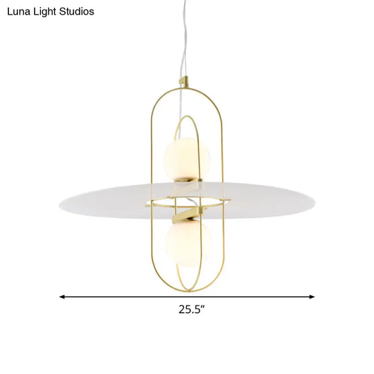 Designer Style White Glass Orb Chandelier: Elegant 2-Light Kitchen Hanging Lamp With Oval Frame