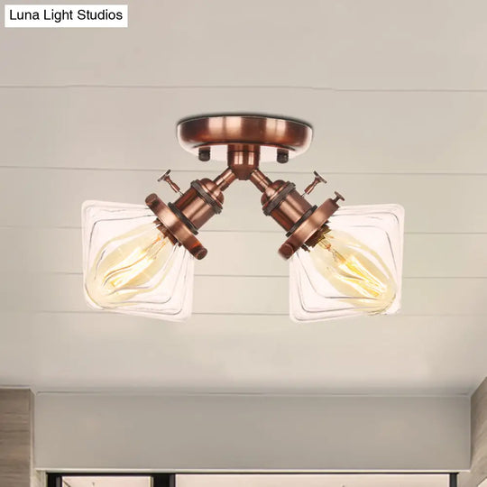 Diamond Amber/Clear Glass Semi Mount Farmhouse Light Fixture - 2-Light Flush Black/Bronze Design