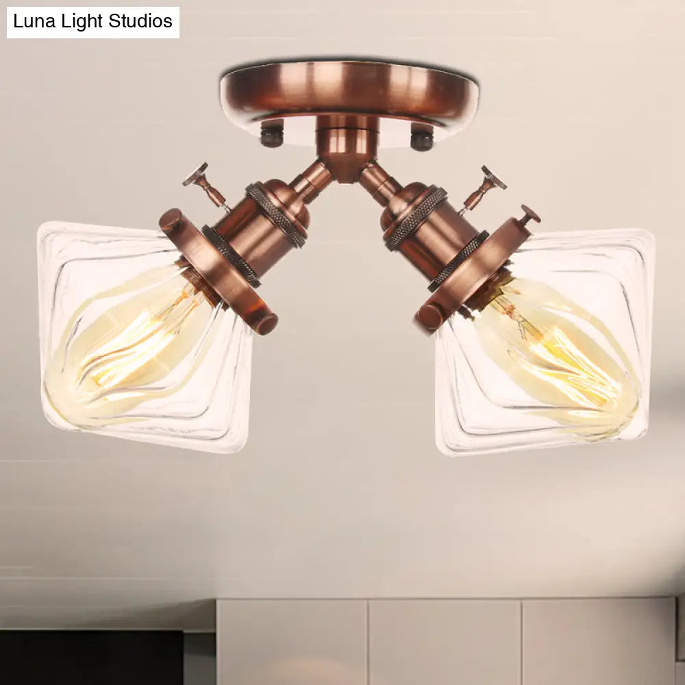 Diamond Amber/Clear Glass Semi Mount Farmhouse Light Fixture - 2-Light Flush Black/Bronze Design