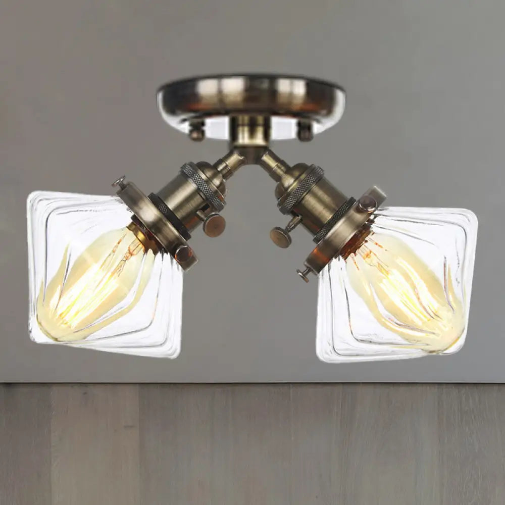 Diamond Amber/Clear Glass Semi Mount Farmhouse Light Fixture - 2 - Light Flush Black/Bronze Design