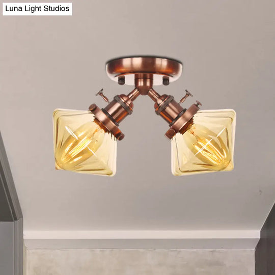 Diamond Amber/Clear Glass Semi Mount Farmhouse Light Fixture - 2-Light Flush Black/Bronze Design