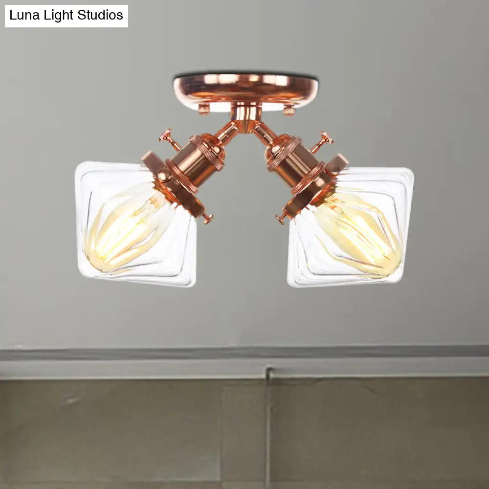 Diamond Amber/Clear Glass Semi Mount Farmhouse Light Fixture - 2 - Light Flush Black/Bronze Design