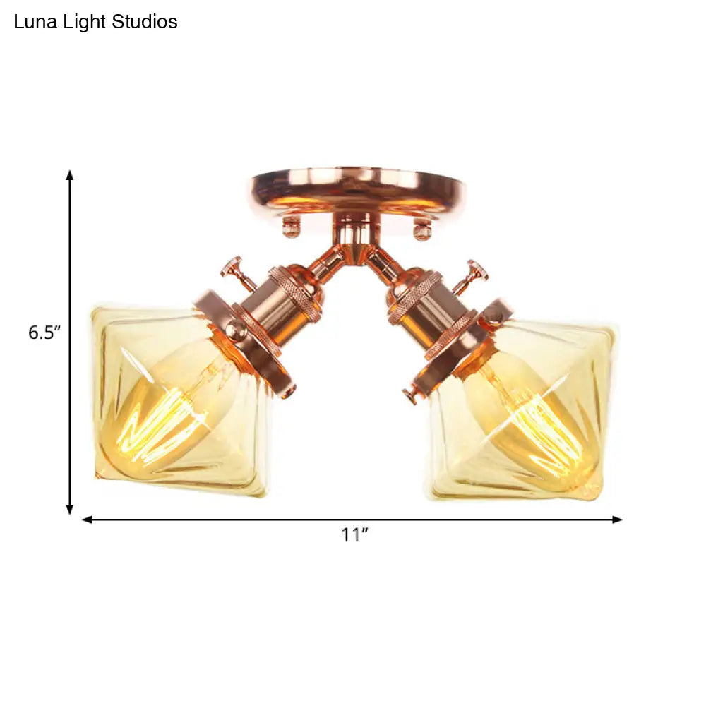 Diamond Amber/Clear Glass Semi Mount Farmhouse Light Fixture - 2-Light Flush Black/Bronze Design