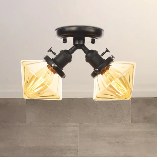 Diamond Amber/Clear Glass Semi Mount Farmhouse Light Fixture - 2 - Light Flush Black/Bronze Design