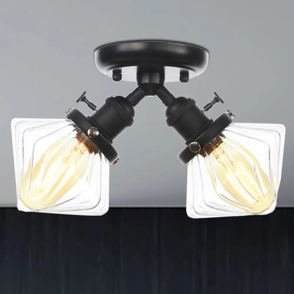 Diamond Amber/Clear Glass Semi Mount Farmhouse Light Fixture - 2 - Light Flush Black/Bronze Design