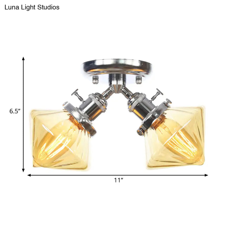 Diamond Amber/Clear Glass Semi Mount Farmhouse Light Fixture - 2-Light Flush Black/Bronze Design