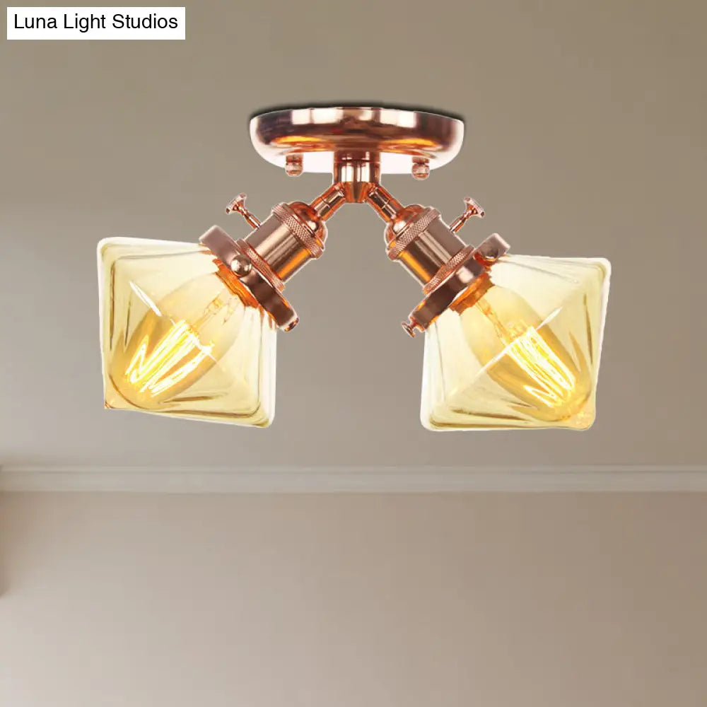 Diamond Amber/Clear Glass Semi Mount Farmhouse Light Fixture - 2 - Light Flush Black/Bronze Design